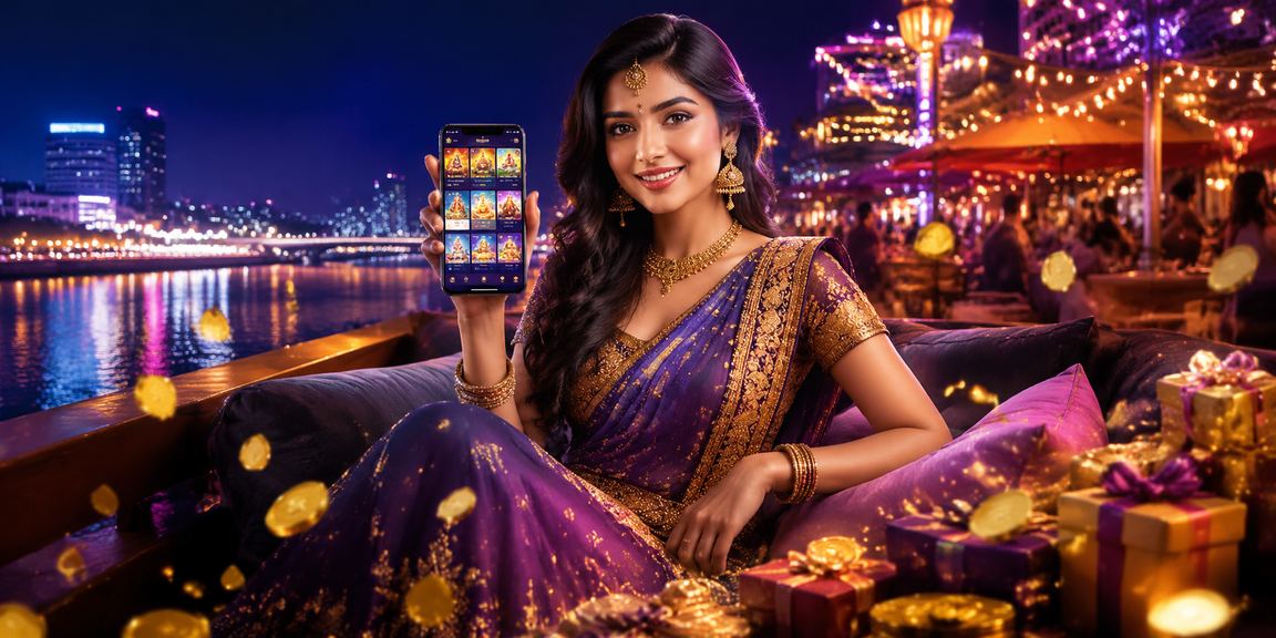 Ahmedabad riverfront view with mobile casino gameplay at night