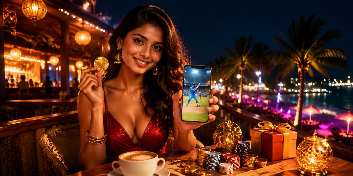 Goa cricket betting scene in elegant red and gold tones